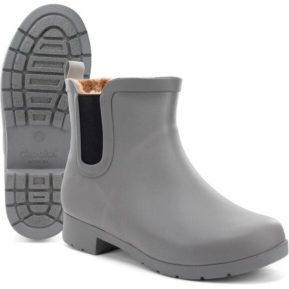 Women’s Gray Waterproof Plush Lined Slip On Rain Ankle Slim Chelsea Boots - Picture 6 of 7